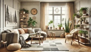 cozy Scandinavian living room decorated for winter 2026