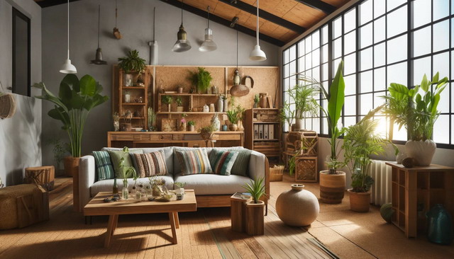 eco-friendly living room with various sustainable decor materials